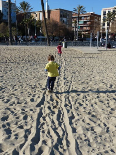 Kate’s daughters on the beach in January, Barcelona
