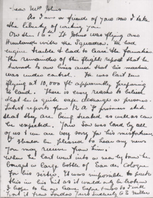 Letter reporting W.E Johns Missing